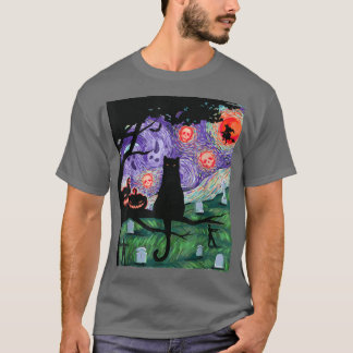 Katze, Beängstigende Nachtkatze, Van Gogh, Hallowe T-Shirt