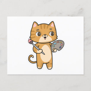 Katze bei Malen mit Farbe und Pinsel Postkarte