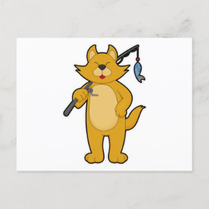 Katze beim Angeln mit Angelrute & Fisch Postkarte