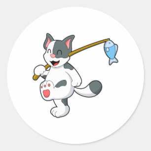 Katze beim Angeln mit Angelrute Runder Aufkleber