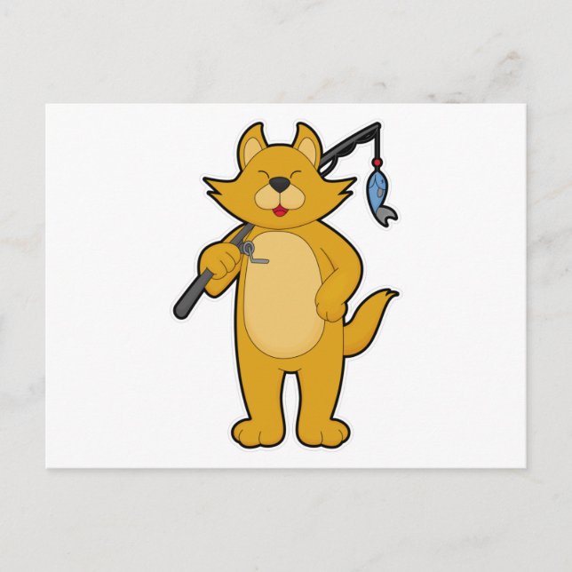 Katze beim Angeln mit Angelstab & Fisch Postkarte (Vorderseite)