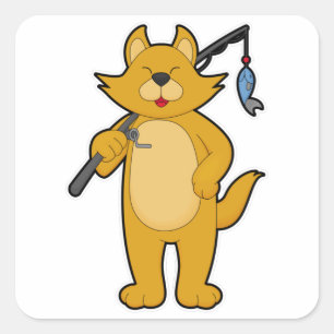 Katze beim Angeln mit Angelstab & Fisch Quadratischer Aufkleber