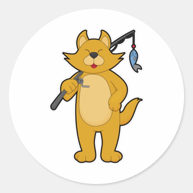 Katze beim Angeln mit Angelstab & Fisch Runder Aufkleber (Vorderseite)