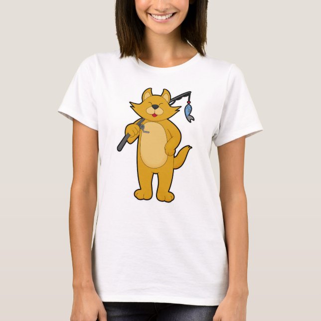 Katze beim Angeln mit Angelstab & Fisch T-Shirt (Vorderseite)
