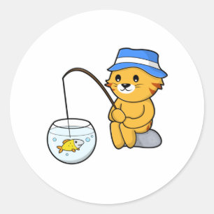 Katze beim Fischen mit Fisch aus Glas Runder Aufkleber