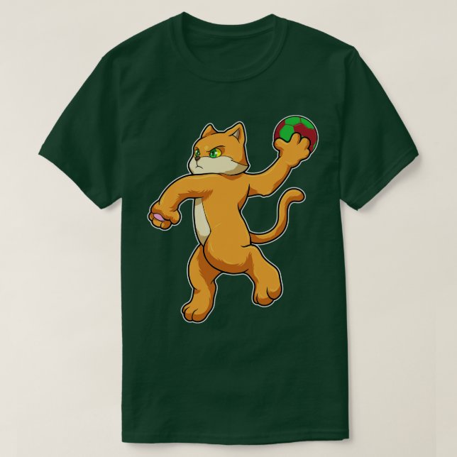 Katze beim Springen mit Handball T-Shirt (Design vorne)