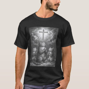 Katze betet Jesus Kreuz preisend Anbetung Gott Geb T-Shirt