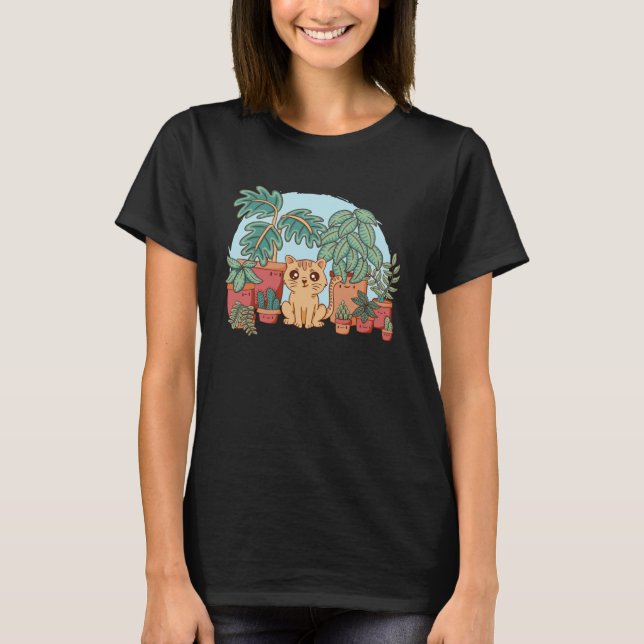 Katze bewässert Pflanzen Gartenarbeit Gärtner Katz T-Shirt (Vorderseite)