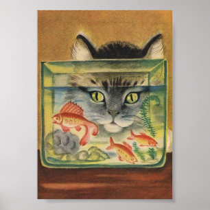 Katze Blick auf das Vintage Tierplakat von Fisch Poster