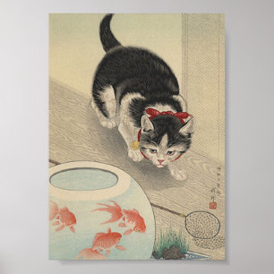 Katze Blick auf Fisch Japanisches Vintages Tierpos Poster