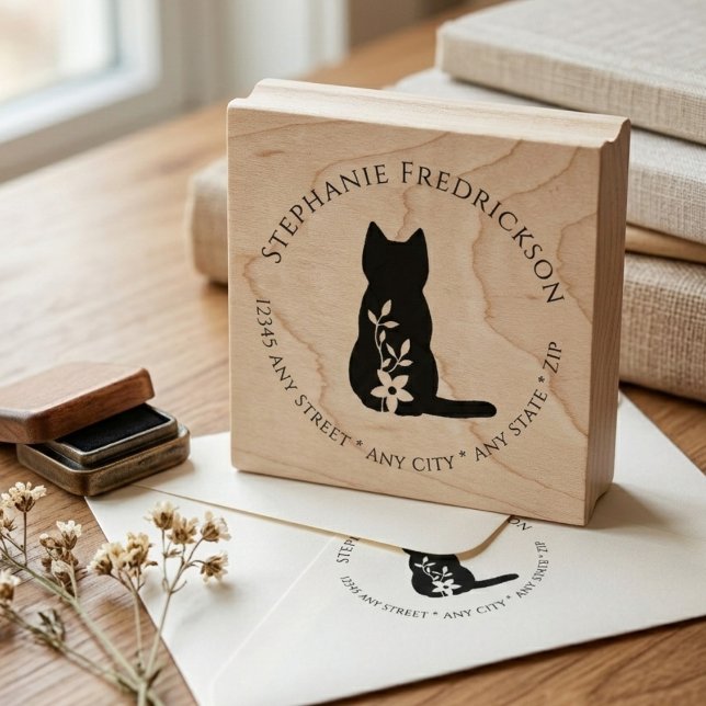 Katze & Blumen Rücksende-Adresse-Stempel Gummistempel (Cat lover return address rubber stamp)