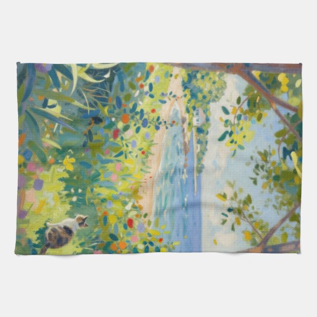 Katze Blumen Und Meer Geschirrtuch (Horizontal)