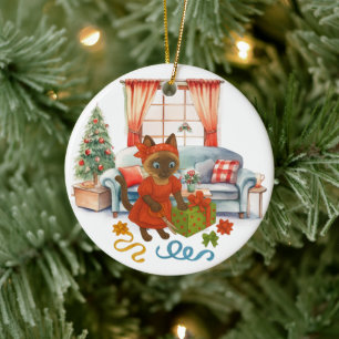 Katze boxt an Weihnachten Keramik Ornament