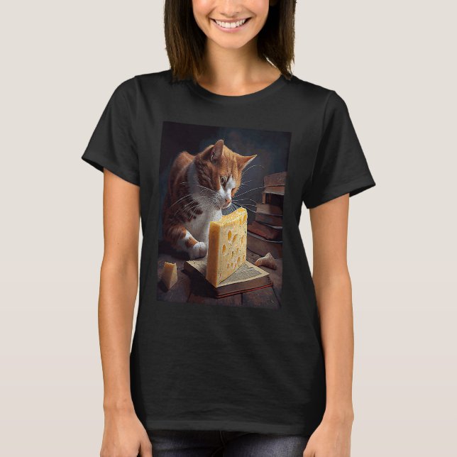 Katze Buch Käse T-Shirt (Vorderseite)