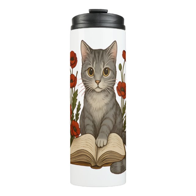 Katze buchen - Niedliche Lesekatze mit Pflücken fü Thermosbecher (Vorderseite)