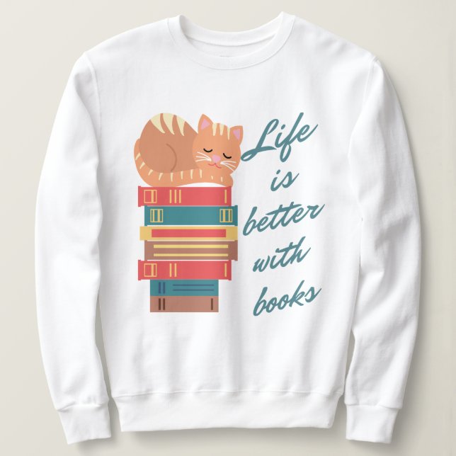 Katze Bücher Lesen Spruch Paws and Books Design Sweatshirt (Design vorne)