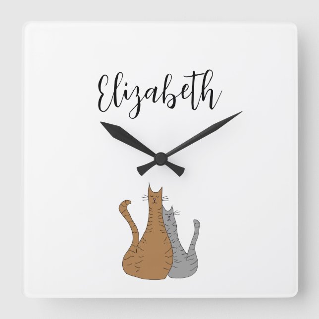 Katze Cartoon Zeichnend Tabby-Kätzchen Kinder Quadratische Wanduhr (Vorderseite)