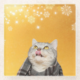 Katze Catchen Schneeflocken Winterglass Untersetze Glasuntersetzer