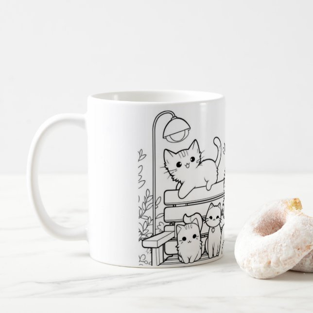 Katze Dame mit ihren Katzen auf einer Bank Kaffeetasse (Mit Donut)