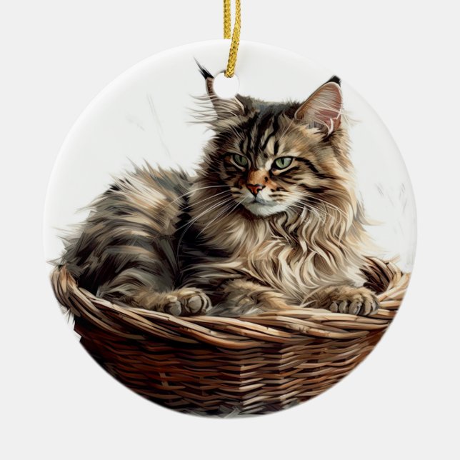 KATZE DER hübschen BROWBBY-MAINE IN KATZBETT Keramik Ornament (Vorne)