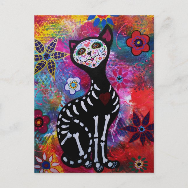 Katze Dia de Los Muertos Meow durch Prisarts Postkarte (Vorderseite)