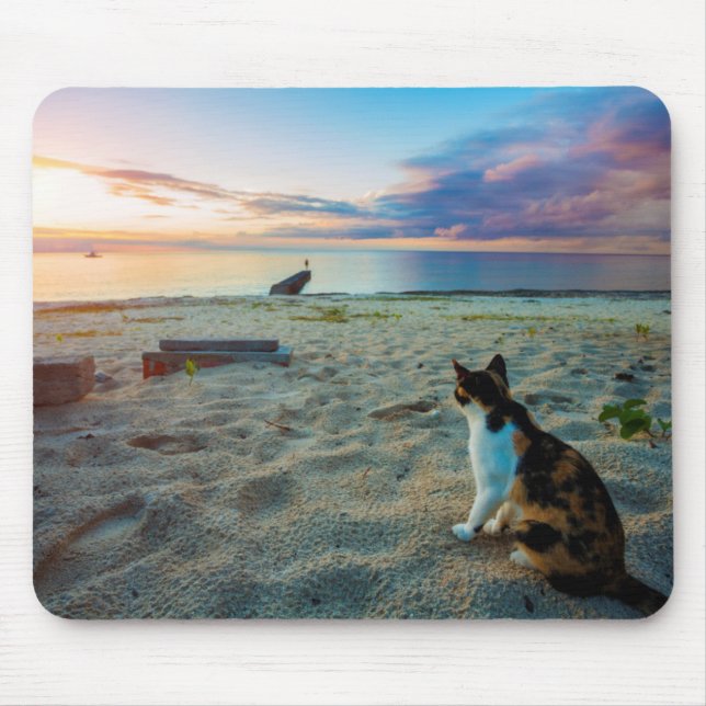 Katze, die auf einem Strand sitzt Mousepad (Vorne)
