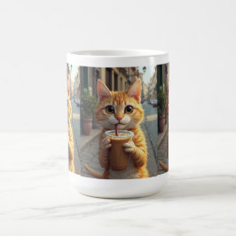 Katze, die auf einer Straße Kaffee trinkt Kaffeetasse