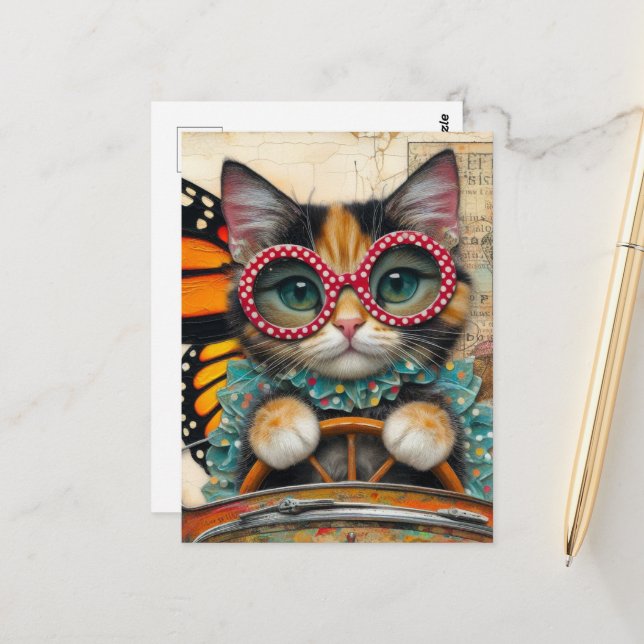 Katze, die Auto fährt Postkarte (Vorderseite/Rückseite Beispiel)