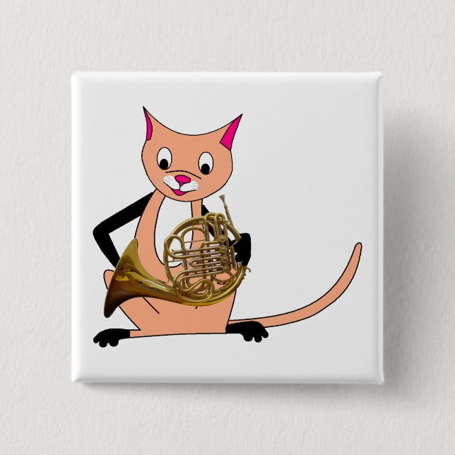 Katze, die das französische Horn spielt Button (Vorderseite)