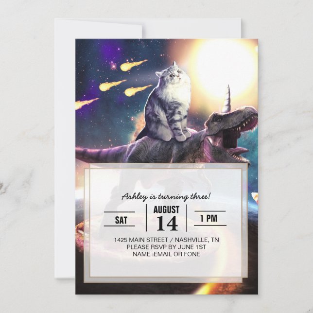 Katze, die Dinosaurier einhorn im Weltraum reiten Einladung (Vorderseite)