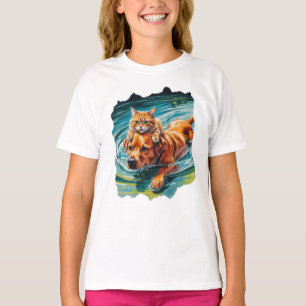 Katze, die einen freundlichen Hund im Wasser reite T-Shirt