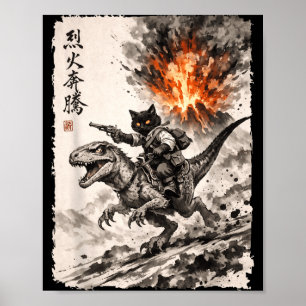 Katze Dinosaurier Vulkanausbruch Vintage Anime Poster