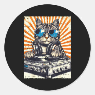 Katze DJ Kopfhörer Plattenspieler Vintage Musik Ed Runder Aufkleber