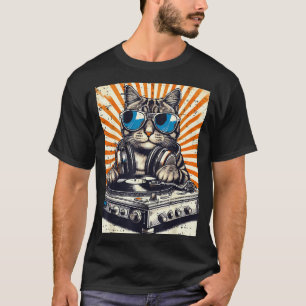 Katze DJ Kopfhörer Plattenspieler Vintage Musik Ed T-Shirt