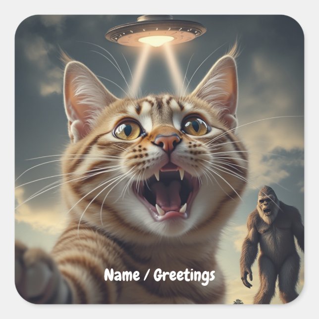 Katze Einnahme von Selfie mit UFO und Bigfoot Funn Quadratischer Aufkleber (Vorderseite)