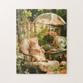 Katze entspannt sich im Liegestuhl unter Sonnensch Puzzle
