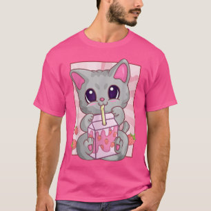 Katze Erdbeere Milkshake for Women Girls, Kawaii m T-Shirt