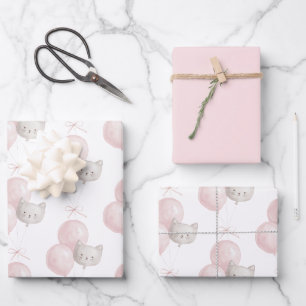 Katze Erröten Rosa Luftballons Geburtstag Geschenkpapier Set