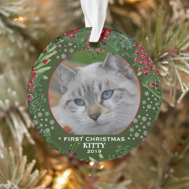 Katze Erste Weihnachtsschneeflocken Foto Ornament (Baum)
