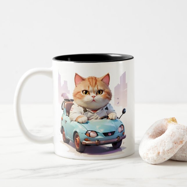 Katze Fett Auto mit einer Kaffeetasse (Mit Donut)