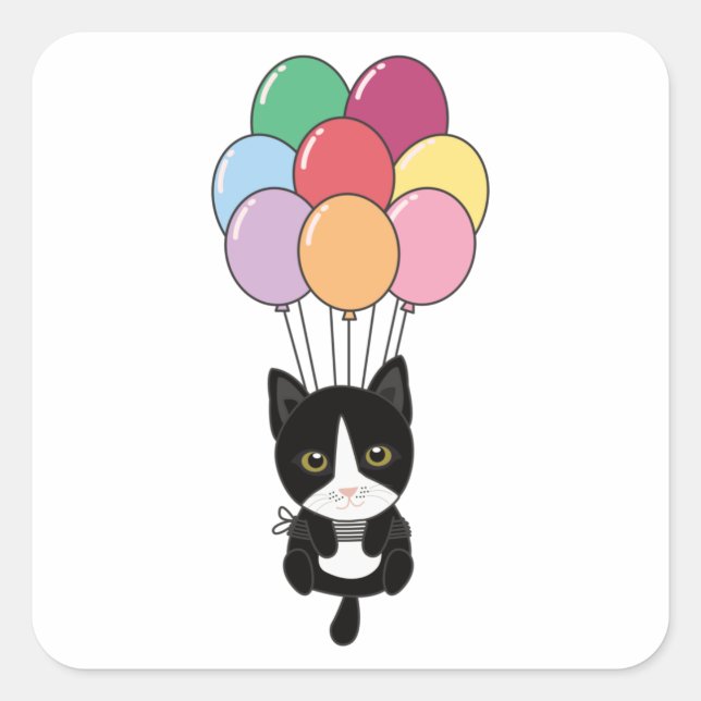 Katze fliegt mit farbenfrohen Balloons auf Quadratischer Aufkleber (Vorderseite)