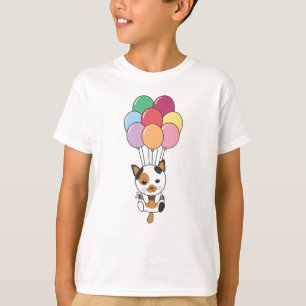 Katze fliegt mit farbenfrohen Balloons auf T-Shirt