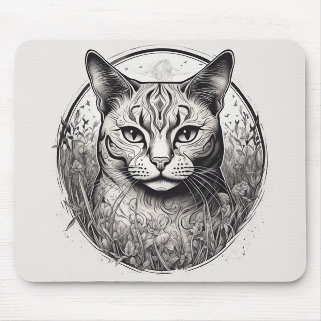 Katze Floral Schwarz-weiß Nahe Blume im Detail Mousepad (Vorne)