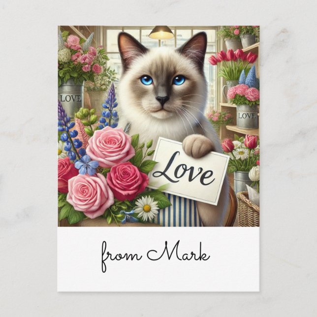 Katze Florist mit Liebe Postkarte (Vorderseite)