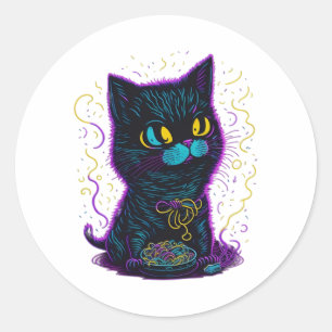 Katze frisst Nudeln. Runder Aufkleber