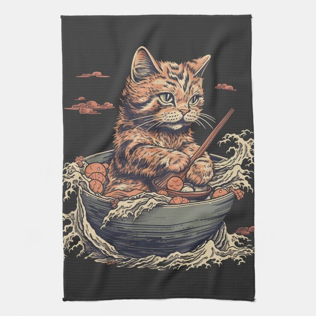Katze frisst Ramen, Wave of Kanawaga Geschirrtuch (Vertikal)