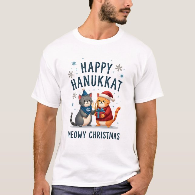 Katze Frohe Weihnachten Glückliches Chanukka Jüdis T-Shirt (Vorderseite)