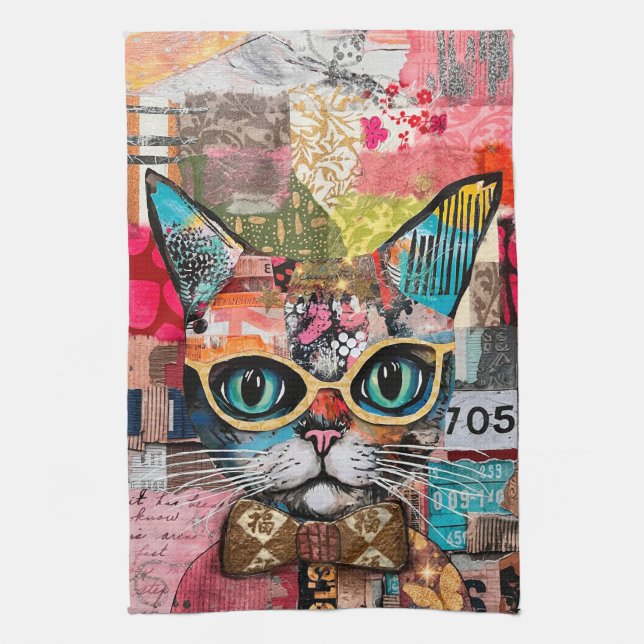 Katze Gemischt Gemischte Papier Collage Küchenhand Geschirrtuch (Vertikal)