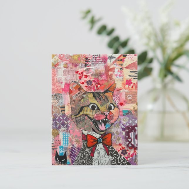 Katze Gemischte Gemischte Papier Collage Grußkarte Dankeskarte (Stehend Vorderseite)