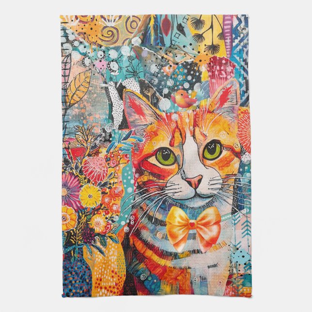 Katze Gemischte Gemischte Papier Collage Küchenhan Geschirrtuch (Vertikal)